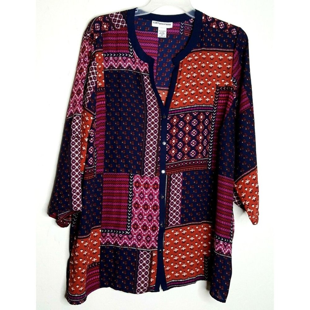 Cathy Daniels Plus Size 2X Southwestern Print Roll Tab Sleeve Top